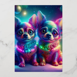 2 Jonge Chihuahua-hondjes in een Kleurrijke Kerst  Folie Feestdagenkaart