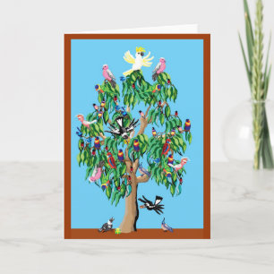 2 karmozijnrode rosellas en een kaketoe in een gum feestdagen kaart