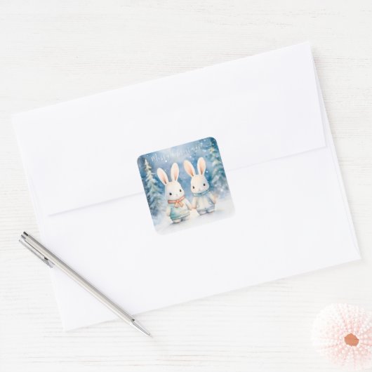 2 kerstkonijnen vierkante sticker (Envelop)