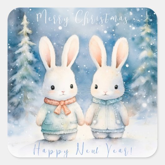 2 kerstkonijntjes vierkante sticker (Voorkant)