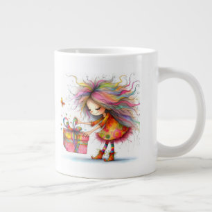 * 2 Kleurrijke Whimsical Kerst Meisje Cadeau AP97 Grote Koffiekop