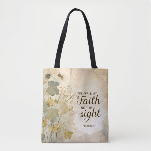 2 Korintiërs 5:7 We lopen door geloof Bijbel Verse Tote Bag (Voorkant)