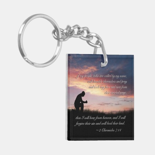 2 Kronieken 7:14 Bijbelvers Man knielen om te bidd Sleutelhanger (Voorkant Links)