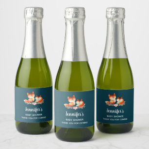 2 Kute Little Red Foxes Baby shower Sparkling Wijnetiket