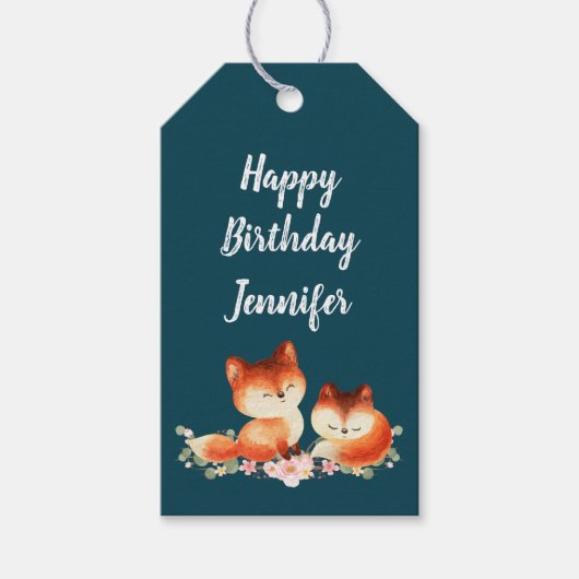 2 Kute Little Red Foxes Waterverf Birthday Cadeaulabel (Voorkant)