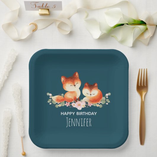 2 Kute Little Red Foxes Waterverf Design Birthday Papieren Bordje (Huwelijk)