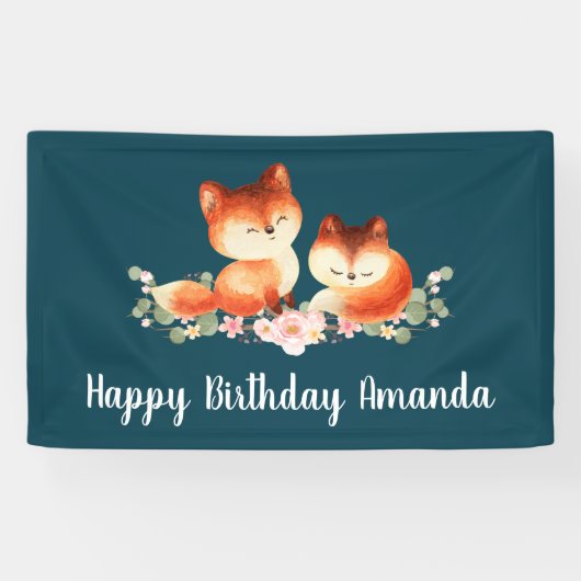 2 Kute Little Red Foxes Waterverf Design Birthday Spandoek (Horizontaal)