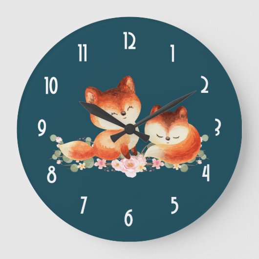 2 Kute Little Red Foxes Waterverf Design Grote Klok (Voorkant)