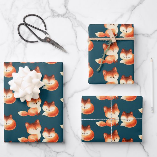 2 Kute Little Red Foxes Waterverf Design Inpakpapier Vel (Voorkant)