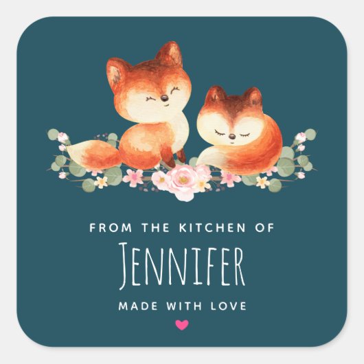 2 Kute Little Red Foxes Waterverf Design Kitchen Vierkante Sticker (Voorkant)