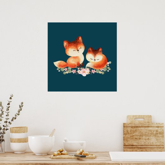 2 Kute Little Red Foxes Waterverf Design Poster (Keuken)