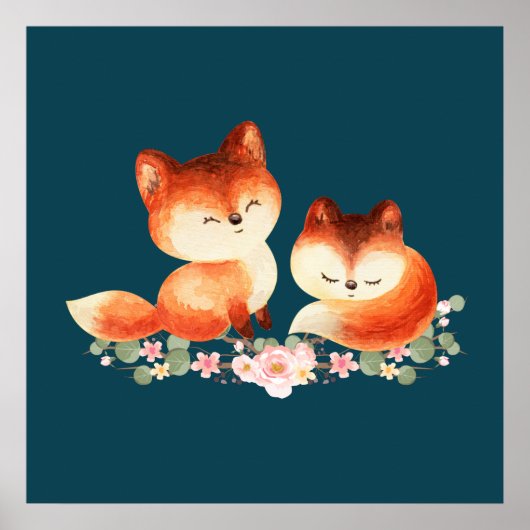 2 Kute Little Red Foxes Waterverf Design Poster (Voorkant)