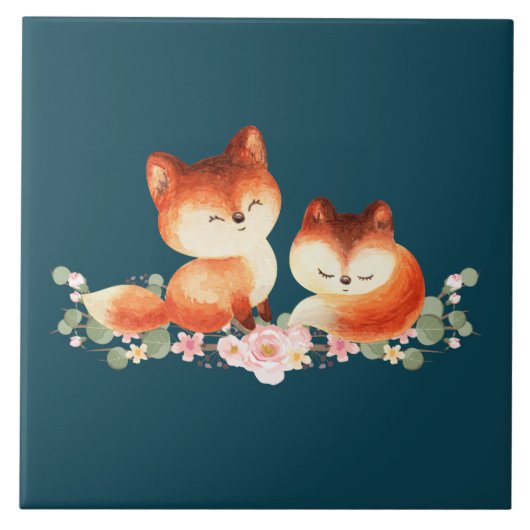 2 Kute Little Red Foxes Waterverf Design Tegeltje (Voorkant)