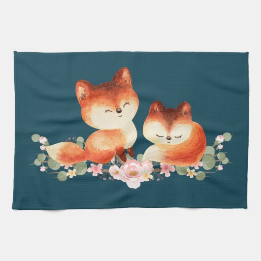 2 Kute Little Red Foxes Waterverf Design Theedoek (Horizontaal)