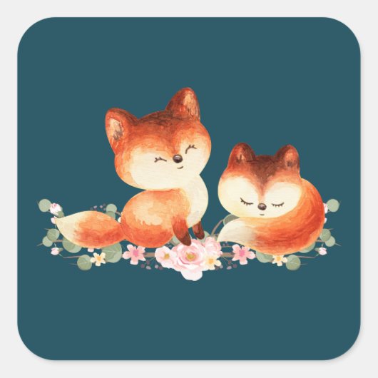 2 Kute Little Red Foxes Waterverf Design Vierkante Sticker (Voorkant)