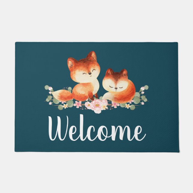 2 Kute Little Red Foxes Waterverf Design Welcome Deurmat (Voorkant)