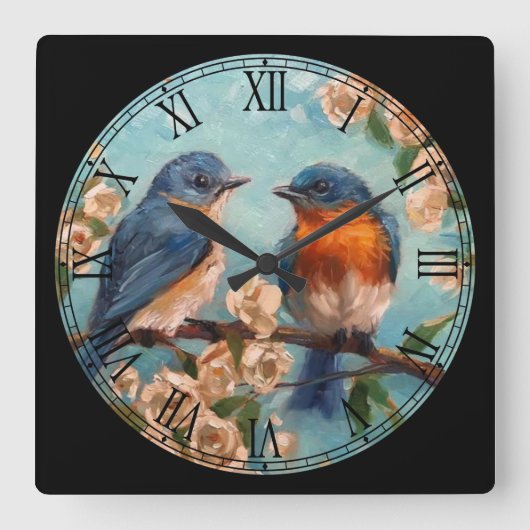 2 Kute vogels op een Tak Fine Art Roman Numeral Vierkante Klok (Voorkant)