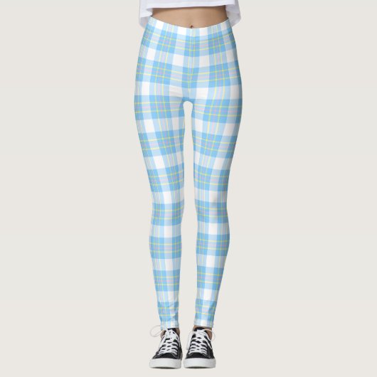 2 Laag - Geruit Hemelblauw Roze DIY BG Wit Leggings (Voorkant)