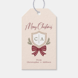 2 Letter Monogram Crest Bow Vrolijk Kerstfeest Cadeaulabel