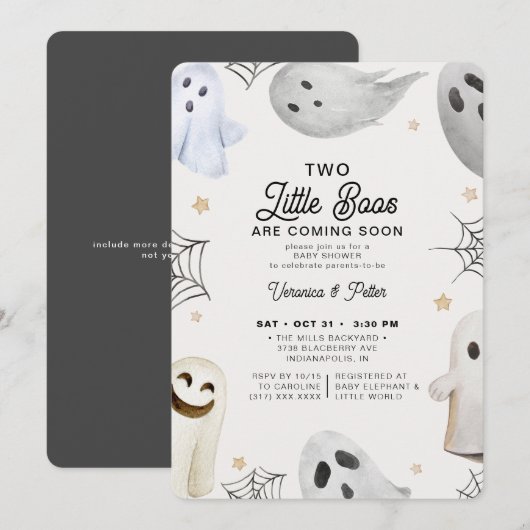 2 Little Boos Neutral Twins Halloween Baby shower Kaart (Voorkant / Achterkant)