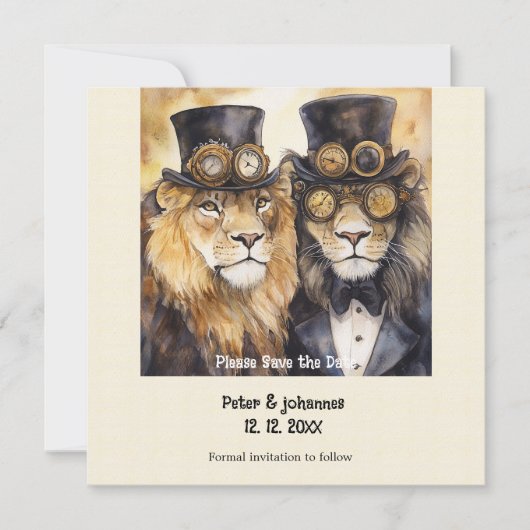 2 mannelijke leeuwen steampunk Bewaar de datum Save The Date (Voorkant)
