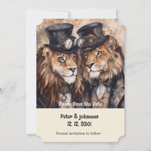 2 mannelijke leeuwen steampunk Save the date Kaart (Voorkant)