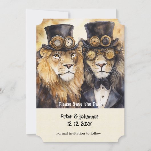 2 mannelijke leeuwen steampunk Save the date Kaart (Voorkant)