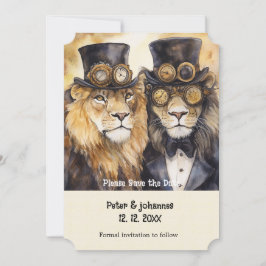 2 mannelijke leeuwen steampunk Save the date Kaart