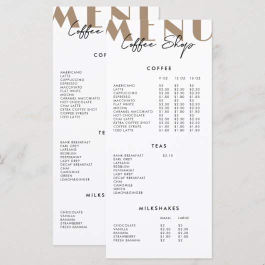 2 Menu Moderne Koffiewinkel aan zijkant (Voorkant / Achterkant)