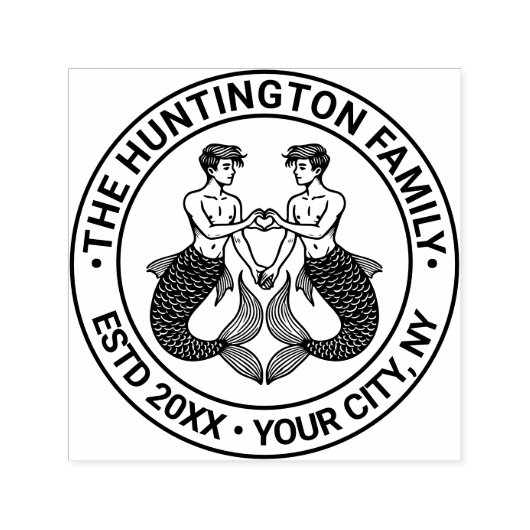 2 Mermen Making Heart Sign Familienaam Datum ESTD Zelfinktende Stempel (Design)