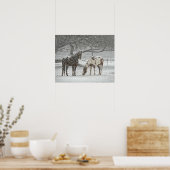 2 Paarden buiten in de winter tijdens het sneeuwwe Poster (Keuken)