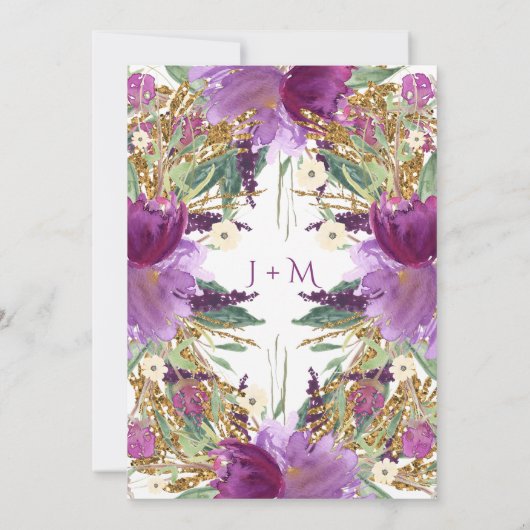 2 Paarse Amethist Bloemen Gouden Glitter Invitatio Kaart (Achterkant)