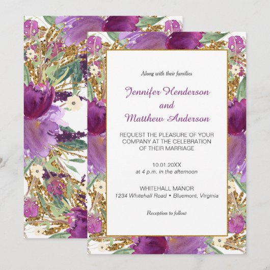 2 Paarse Amethist Bloemen Gouden Glitter Invitatio Kaart (Voorkant / Achterkant)