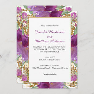 2 Paarse Amethist Bloemen Gouden Glitter Invitatio Kaart