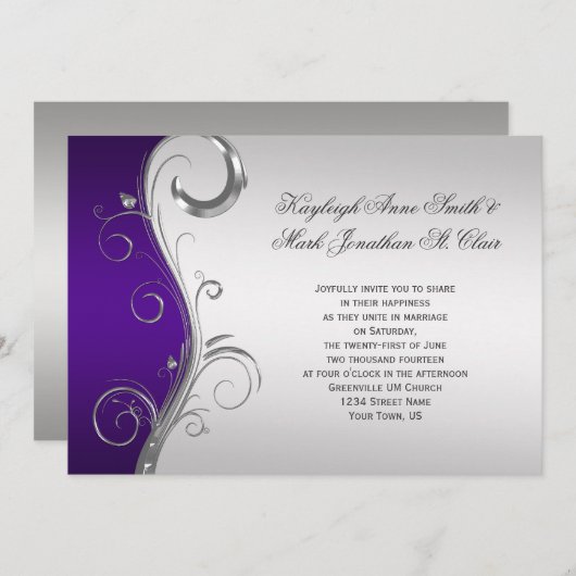 #2 Paarse Zilveren Bloemen Swirls Bruiloft Kaart (Voorkant / Achterkant)