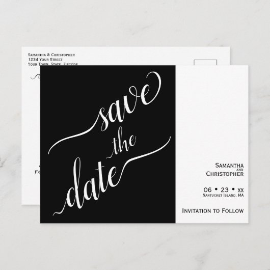 2 Pane Minimale Zwart & Wit Bruiloft Save the Date Briefkaart (Voorkant / Achterkant)