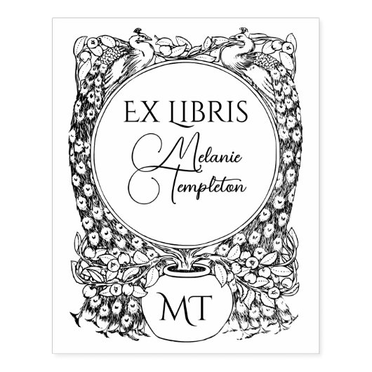 2 pauwen omringen potplant Ex Libris naam Rubberstempel (Afrduk)