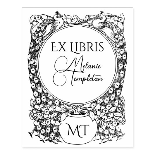 2 Pauwen rond een potplant Ex Libris Naam Rubberstempel (Afrduk)