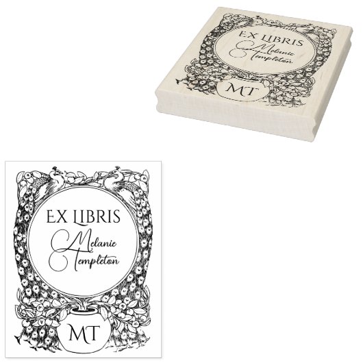 2 Peacocks rondom Potted Plant ex libris Naam Rubberstempel (Gestempeld)