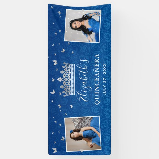 2 Photo Birthday Silver and Royal Blue Quinceanera Spandoek (Verticaal)