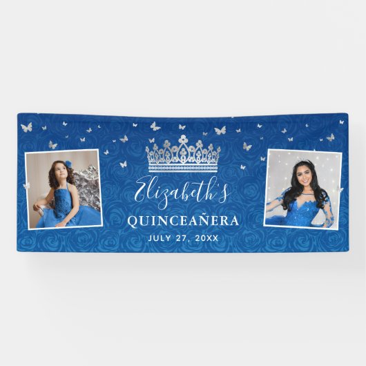 2 Photo Birthday Silver and Royal Blue Quinceanera Spandoek (Horizontaal)