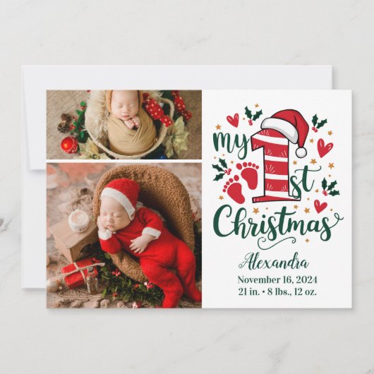 2 Photo Candy Cane Baby 1st Christmas Feestdagenkaart (Voorkant)