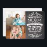 2-Photo Chalkboard  kerstfeest Feestdagenkaart<br><div class="desc">Rustieke  koele leisteen grijs krijtbord vakantie fotokaart bevat twee van uw digitale foto uploads. Trendy grijs met fris wit krijt handgeschreven look is een modern thema voor de Feestdagen! Foto's © Storytree Studios,  Stanford,  CA</div>