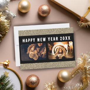 2 Photo Collage Gold Glitter Gelukkig Nieuwjaar 20 Feestdagenkaart
