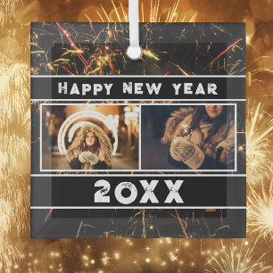 2 Photo Collage Vuurwerk Gelukkig Nieuwjaar 2026 Glas Ornament