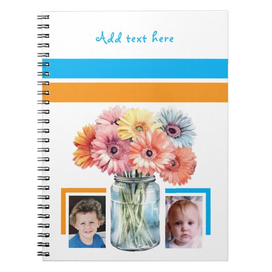 2 photo custom text flowers blue orange notitieboek (Voorkant)