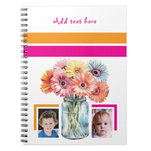 2 photo custom text flowers pink orange notitieboek (Voorkant)