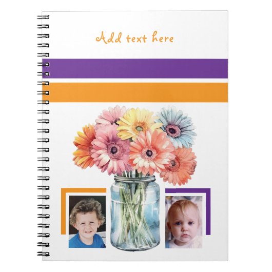 2 photo custom text flowers purple orange notitieboek (Voorkant)
