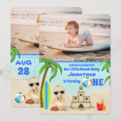 2 Photo Cute Boy Beach Baby Surfboard 1st Birthday Kaart (Voorkant / Achterkant)