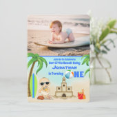 2 Photo Cute Boy Beach Baby Surfboard 1st Birthday Kaart (Staand voorkant)